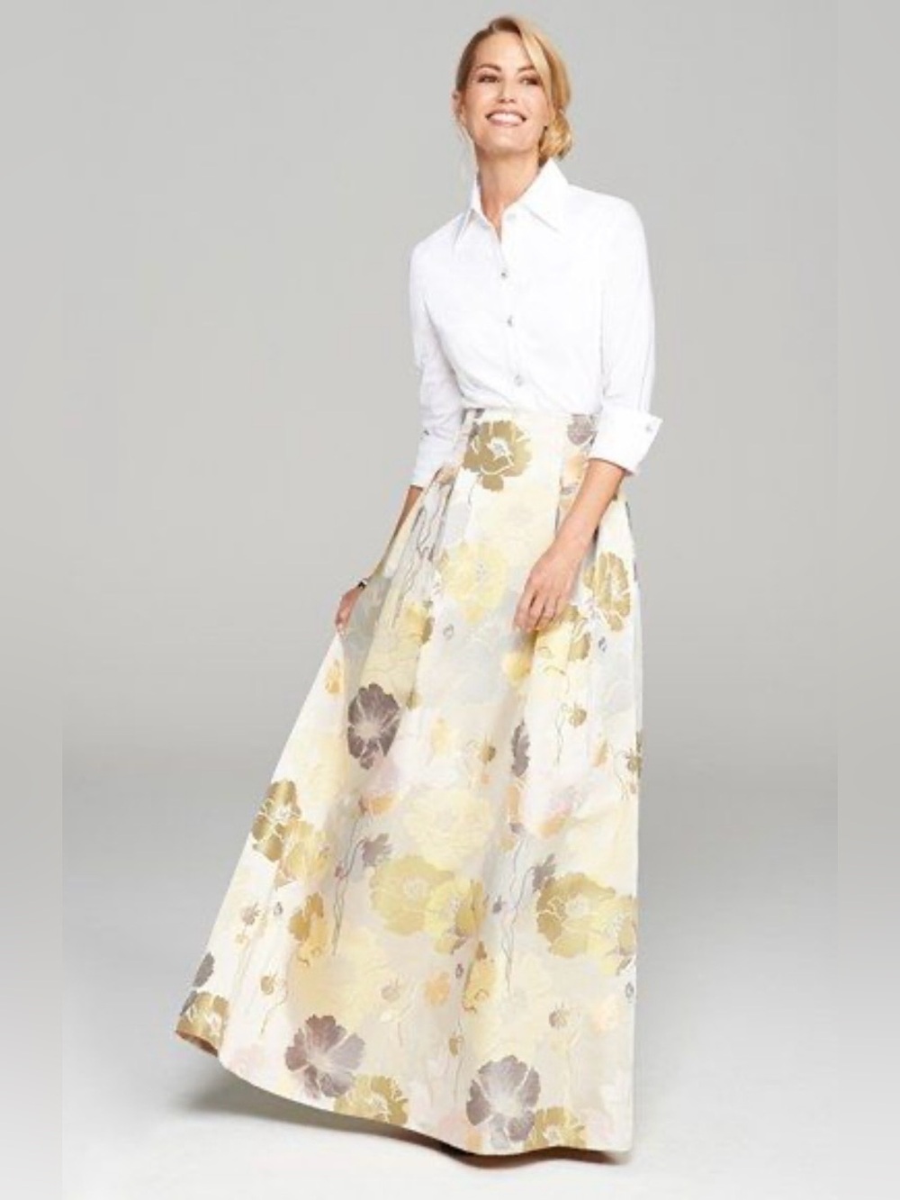 Anthro Eliza J Floral Jacquard Maxi Skirt 2 XS Gray Gold A-Line Formal Wedding